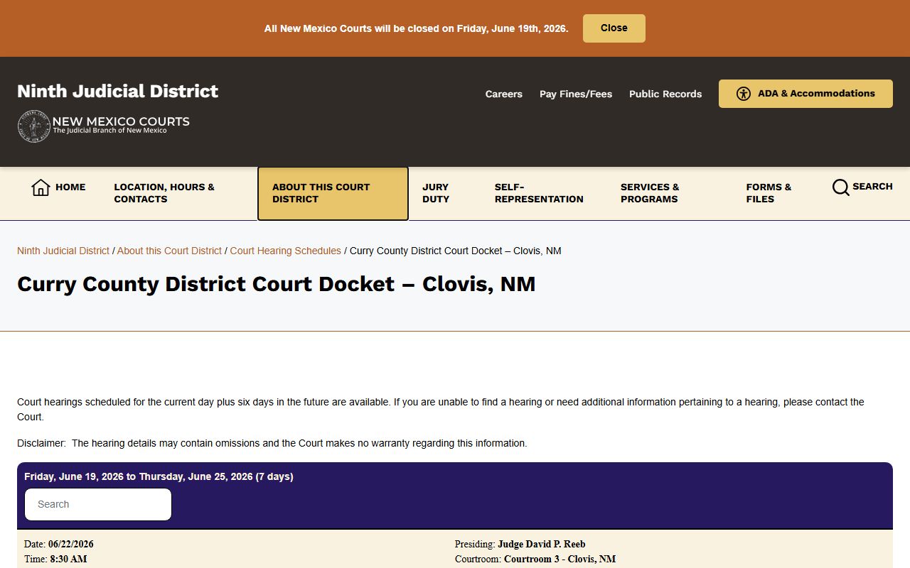 Curry County District Court docket records in Clovis New Mexico