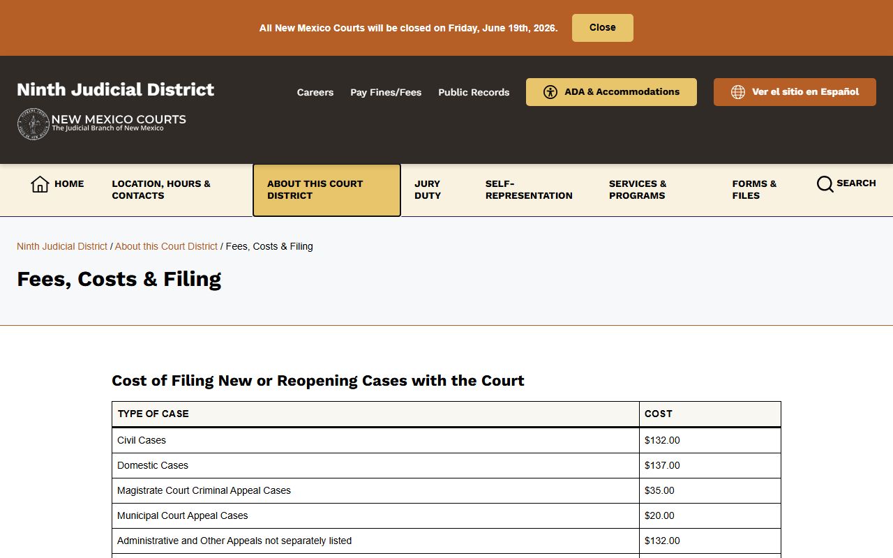 Curry County District Court fees and copy cost records